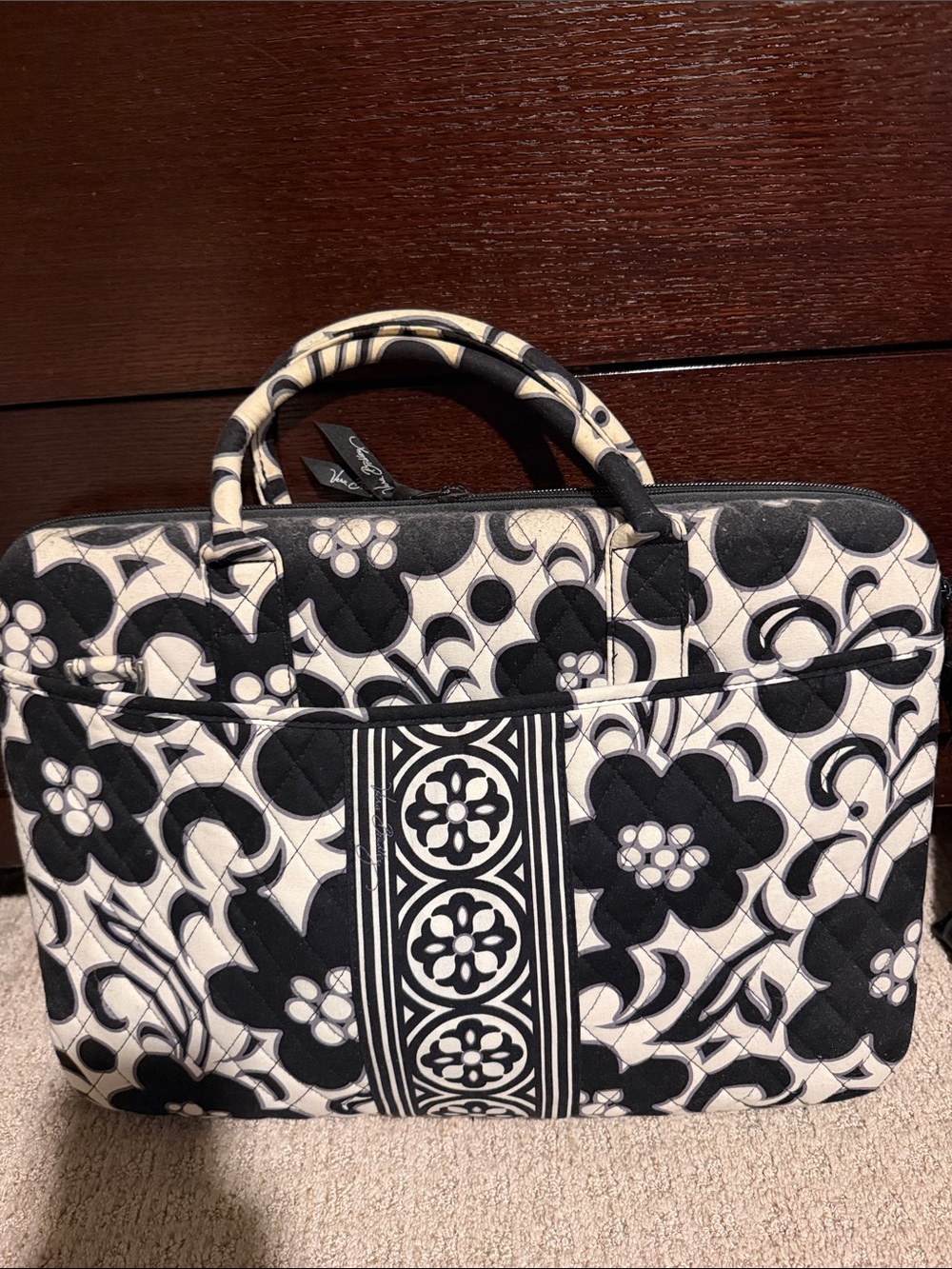 Vera Bradley Black and Cream Quilted Floral Laptop Tote